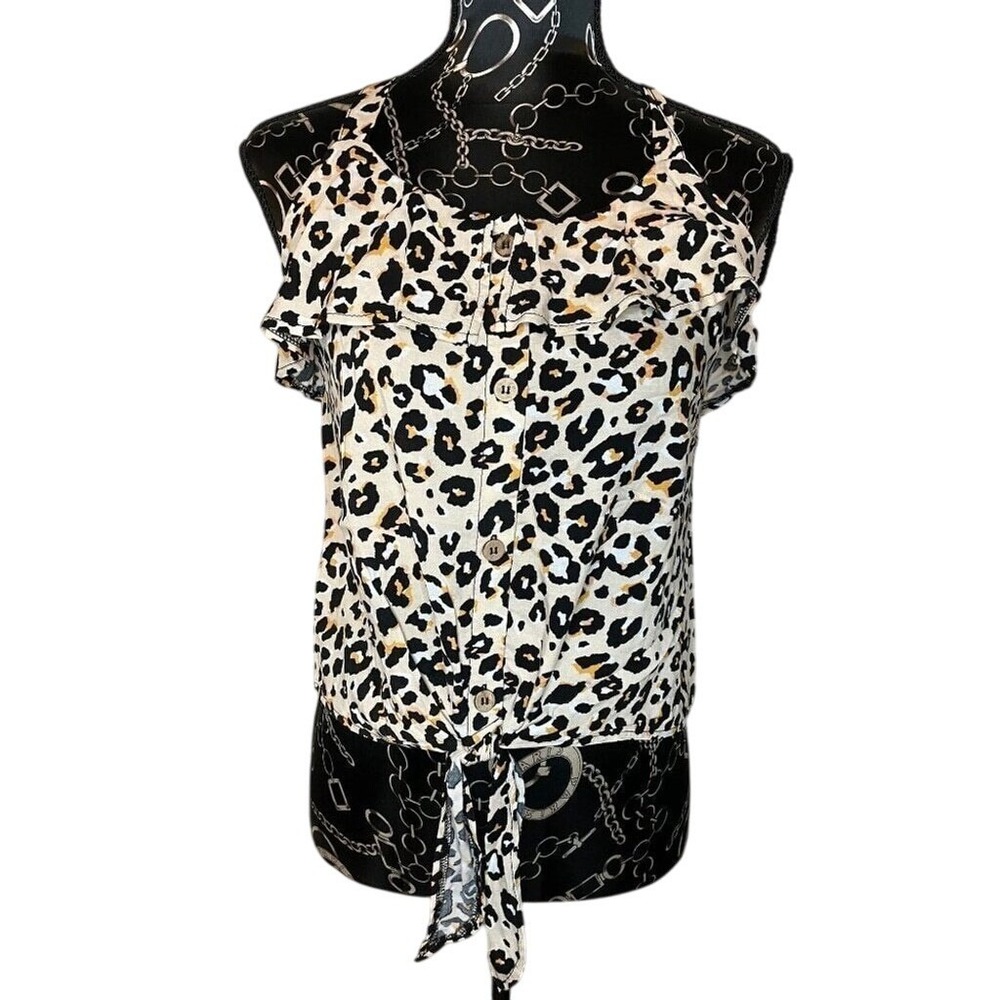 Almost Famous Animal Print Sleeveless Ruffle Blouse Top Tie Front Ladies Casual